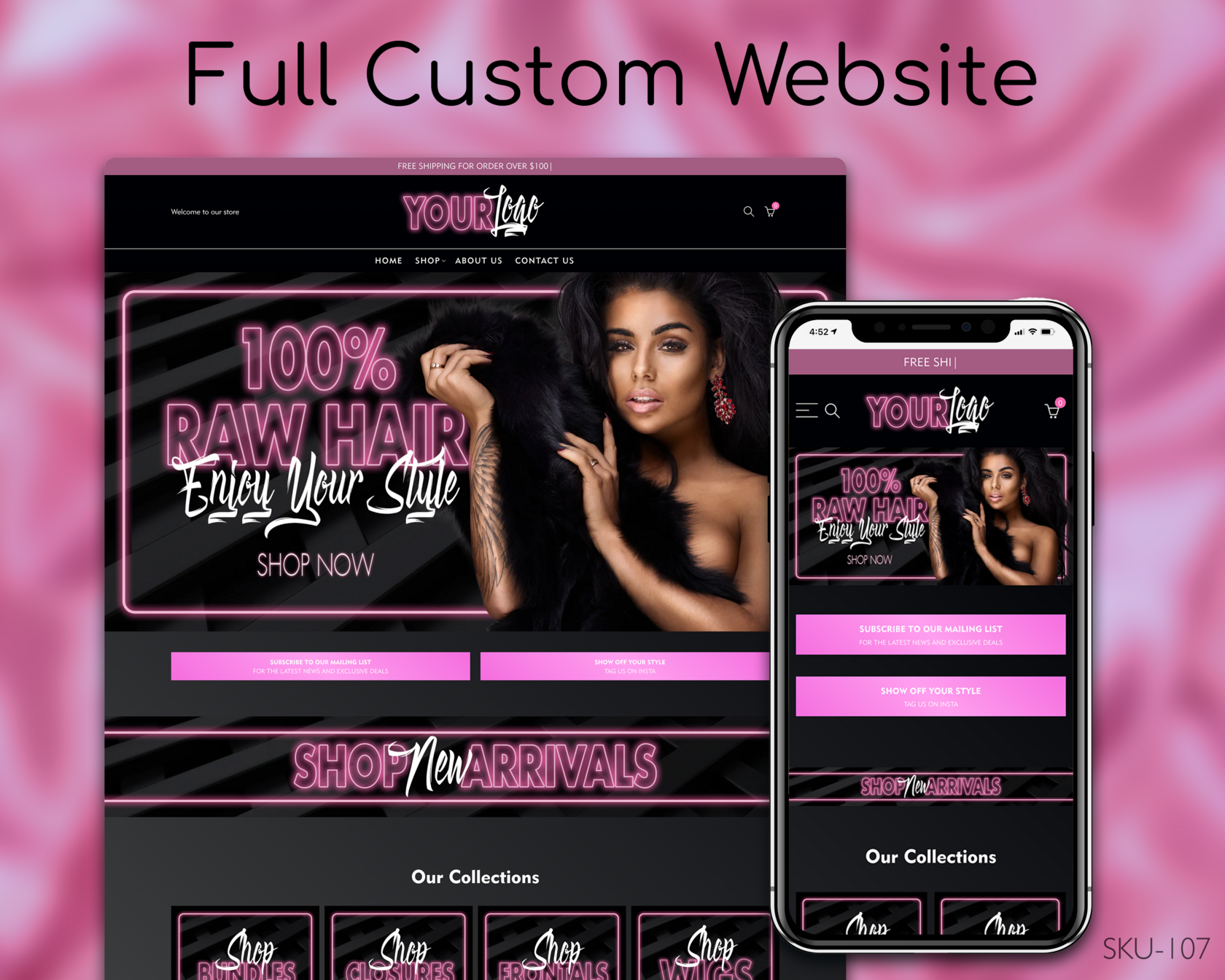 Pink & Black Hair Glam - Pink, Black, Hair, Fully Finished Website (Shopify, Wix & Squarespace)