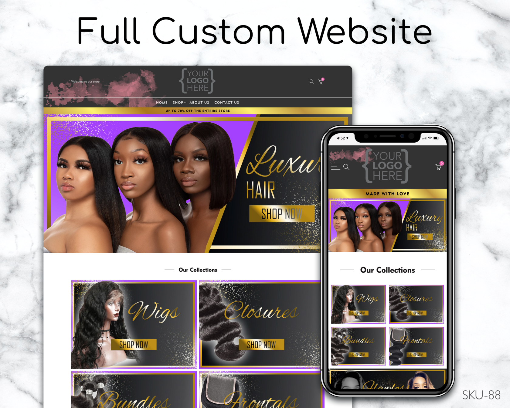 Dark Blue & Gold Hair Mastery - Hair, Dark Blue, Gold, Fully Finished Website (Shopify, Wix & Squarespace)