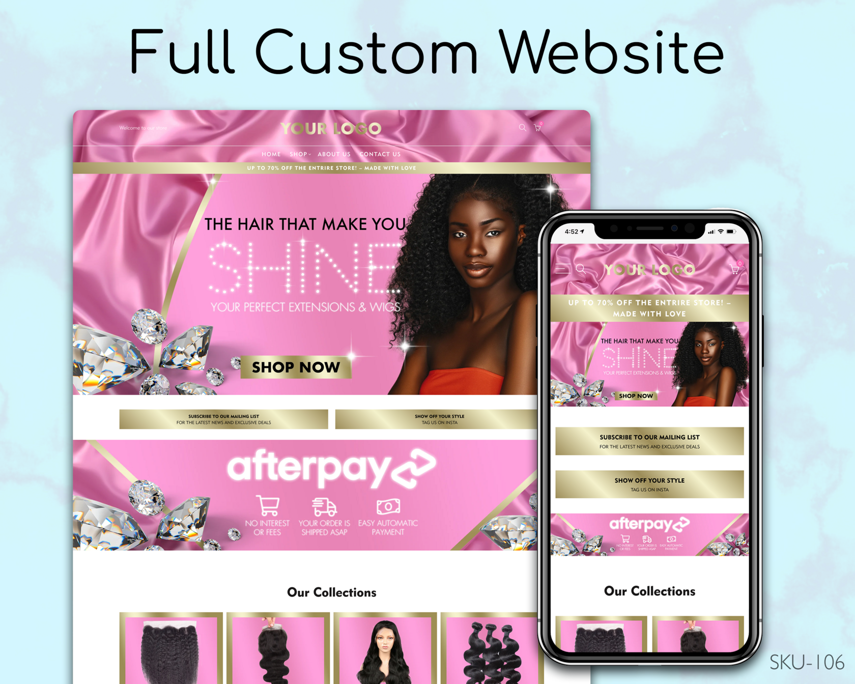 Pink Satin, Gold Diamonds, Hair - Pink, Satin, Gold, Diamonds, Hair, Fully Finished Website (Shopify, Wix & Squarespace)