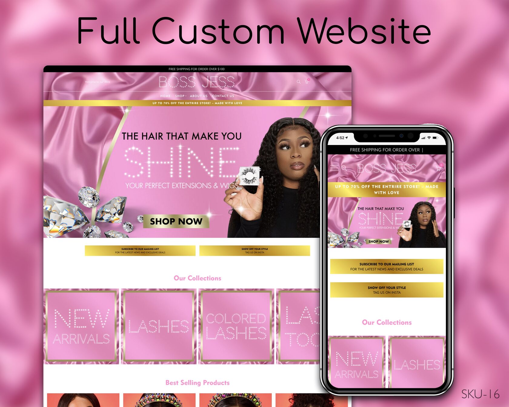 Pink & Gold Lashes: The Art of Beauty, Fully Finished Website (Shopify, Wix & Squarespace)